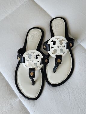 Tory Burch Black and White Logo Thong Sandals